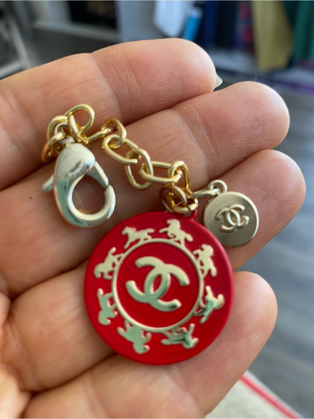 Unbranded Fashion Upcycled Red and Gold CC Round Charm keychain key bag